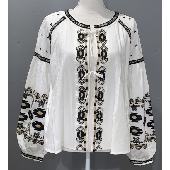 RD & Koko White Anthropologie Tribal Embroidered Top Jacket Cropped Oversized L - Picture 1 of 12
